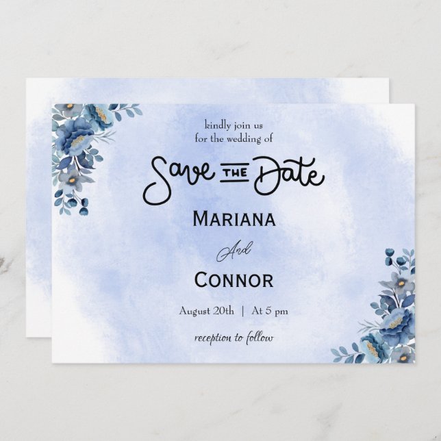 Modern Blue Floral Wedding Save the Date Einladung (Vorne/Hinten)