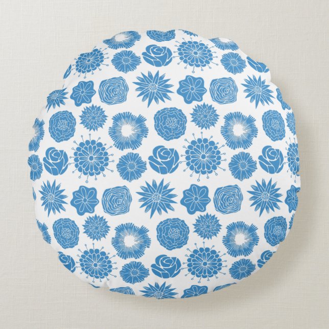 Modern Blue Flowers Stylish Motif Round Pillow Rundes Kissen (Vorderseite)