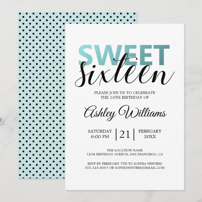 Modern Blue Foil Elegant Sweet 16 Einladung (Vorne/Hinten)