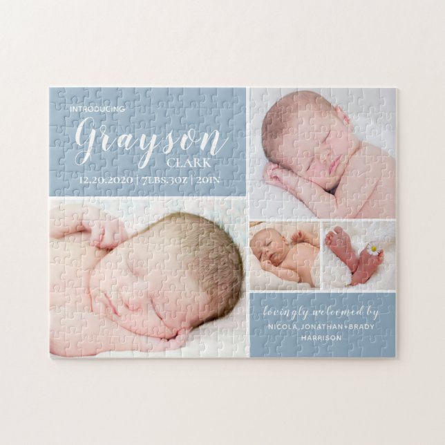 Modern Blue Foto Collage Baby Boy Birth Stats Puzzle (Horizontal)