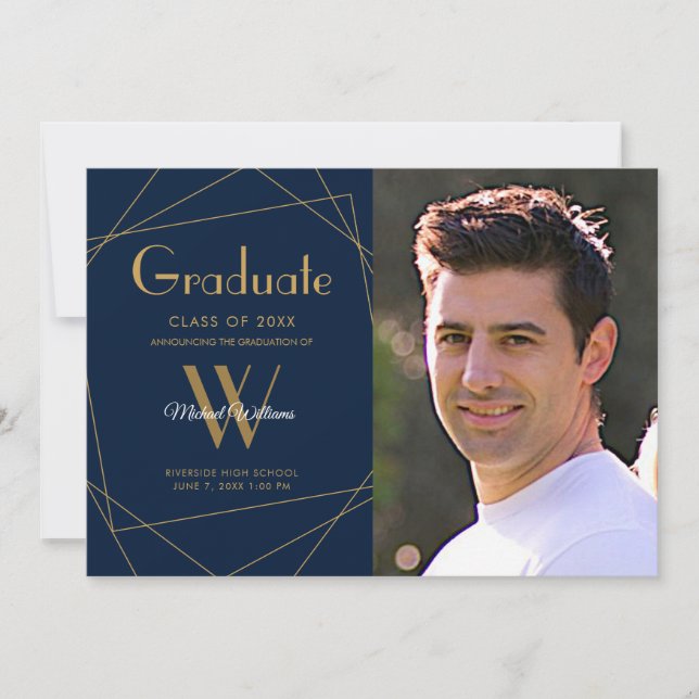 Modern Blue Foto Monogram Geometric Abschluss Ankündigung (Vorderseite)