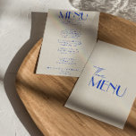 Modern Blue French Retro Whimsical Wedding Menükarte<br><div class="desc">Ein buntes Retro funky modernes helles Abendmenü. Das Design der schicken Vorlage boho Vintagen cremigen Hintergrund und rosa Typografie und handgeschriebenes Menü in blau . Perfekt und passend zu der ganzen Suite.</div>