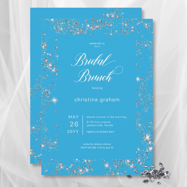 Modern Blue Glam Diamond Frame Bridal Brunch Einladung (Modern Blue Glam Diamond Frame Bridal Brunch Invitation)