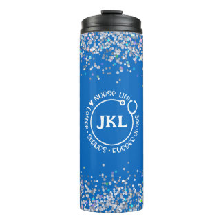 Modern Blue Glitzer Monogram Stethoscope Nurse Thermosbecher