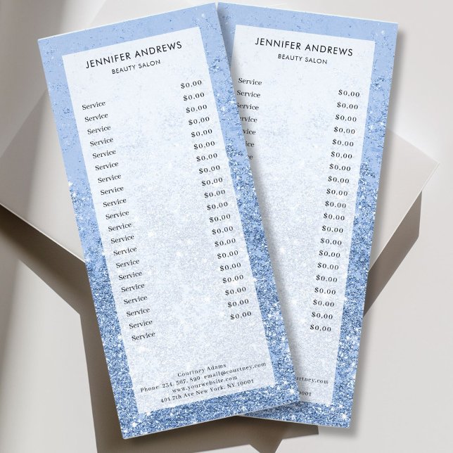 Modern Blue Glitzer Salon Preis List Rack Card Werbekarte (Personalized Modern Blue Silver Glitter Salon Price List Rack Card)