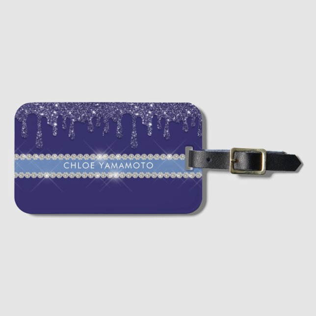 Modern Blue Glitzer Tropfen Sparkling Diamond Gepäckanhänger (Vorderseite (Horizontal))