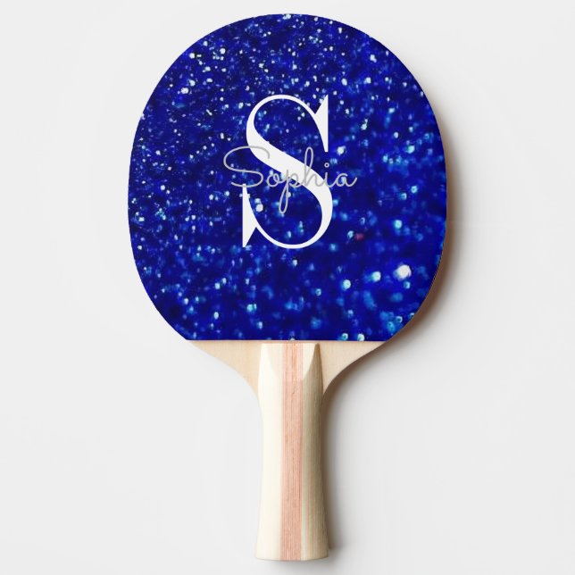 Modern Blue Glitzern Monogram Personalisiert Name Tischtennis Schläger (Vorderseite)