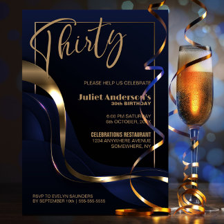 Modern Blue Gold 30. Geburtstag Party Einladung