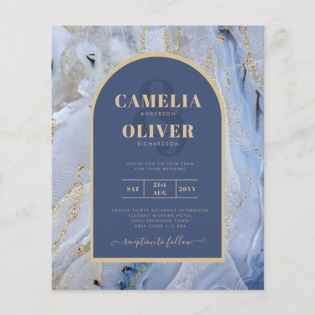Modern Blue Gold Agate Marmorarsch Hochzeit Flyer (Vorne)