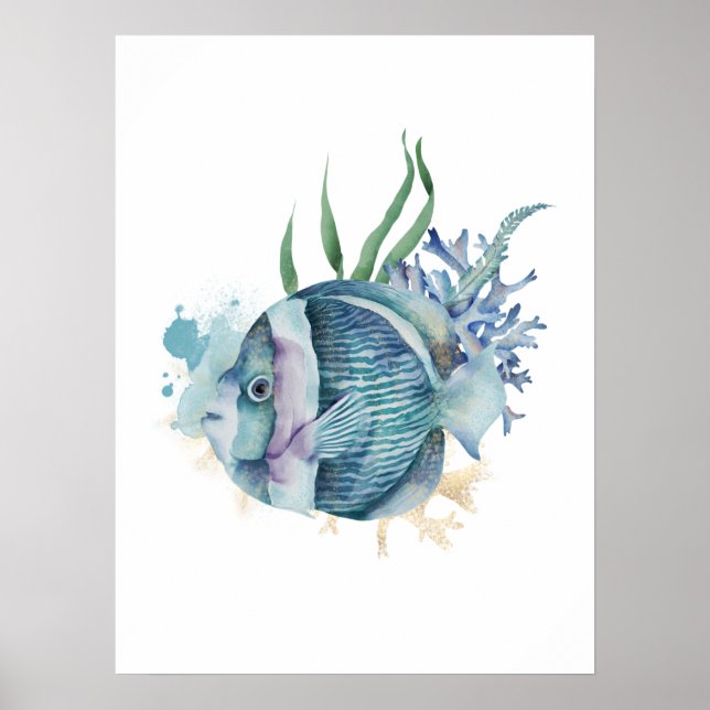Modern Blue & Gold Aquarellfisch Poster (Vorne)