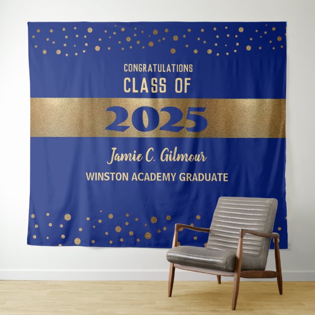 Modern Blue Gold Class 2025 Abschluss Hintergrund Wandteppich (Beispiel (Horizontal))