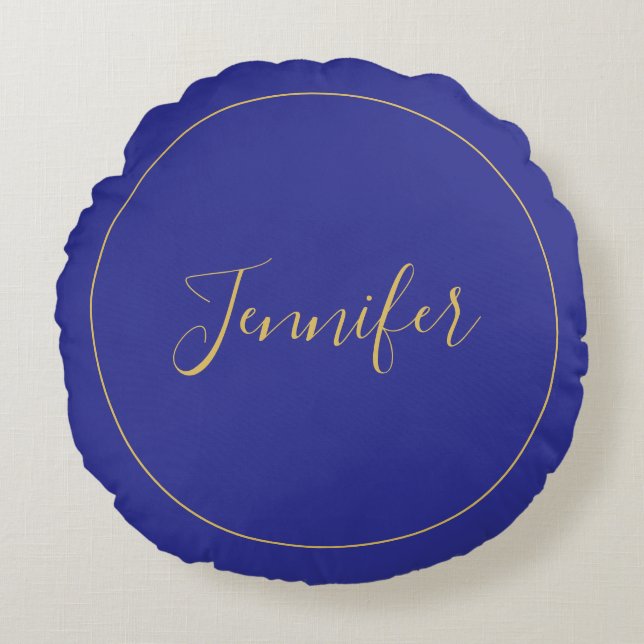 Modern Blue & Gold Color Calligraphy Plain Unique Rundes Kissen (Vorderseite)