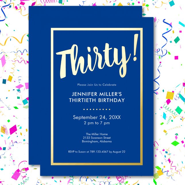 Modern Blue & Gold Foil 30. Geburtstag Folieneinladung (Modern Blue & Gold Foil 30th Birthday Foil Invitation)