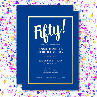 Modern Blue & Gold Foil 50. Geburtstag Folieneinladung