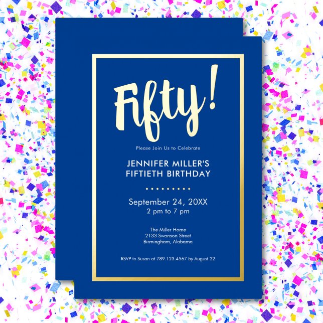 Modern Blue & Gold Foil 50. Geburtstag Folieneinladung (Modern Blue & Gold Foil 50th Birthday Foil Invitation)
