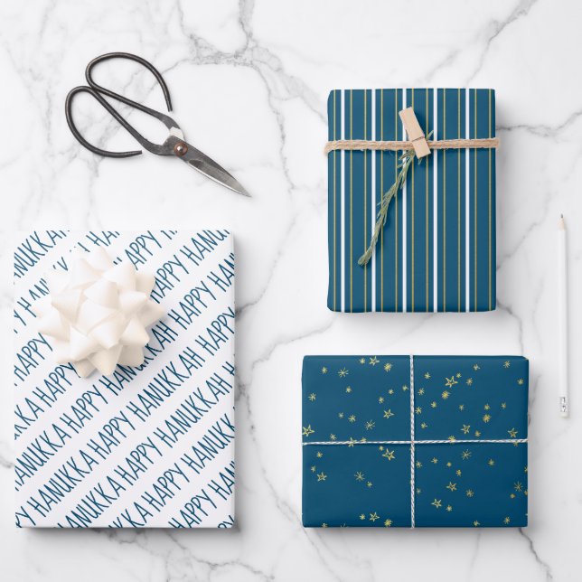 Modern Blue & Gold Happy Hanukah Stars Geschenkpapier Set (Vorderseite)
