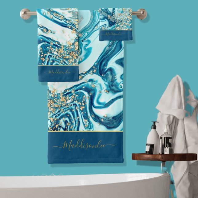 Modern Blue Gold Marmor Ocean Monogram Name Bath Badhandtuch Set (Von Creator hochgeladen)