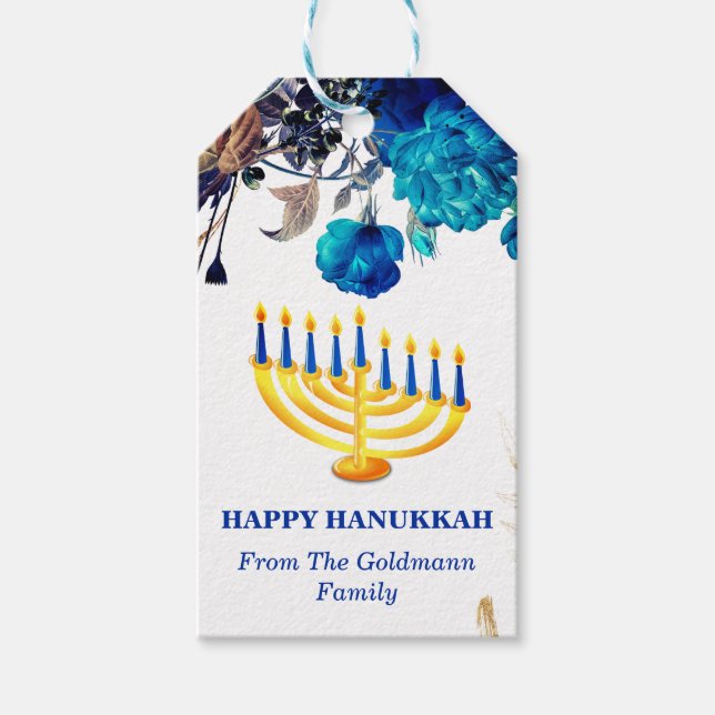 Modern Blue & Gold Menorah Happy Hanukkah Geschenkanhänger (Vorderseite)