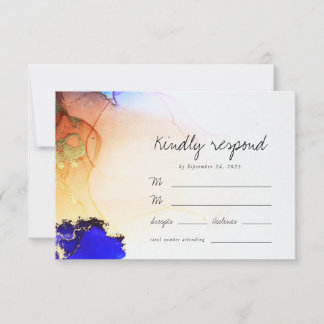 Modern Blue Gold Orange Alcohol Ink Wedding RSVP Karte