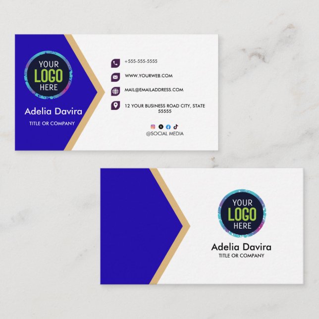 Modern Blue Gold Professional Business Card Visitenkarte (Vorne/Hinten)