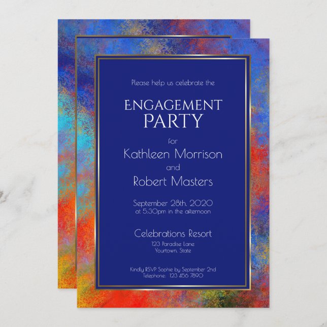 Modern Blue Gold Red Watercolor Engagement Party Einladung (Vorne/Hinten)