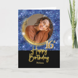 Modern Blue & Gold Script Photo Name 16th Birthday Karte