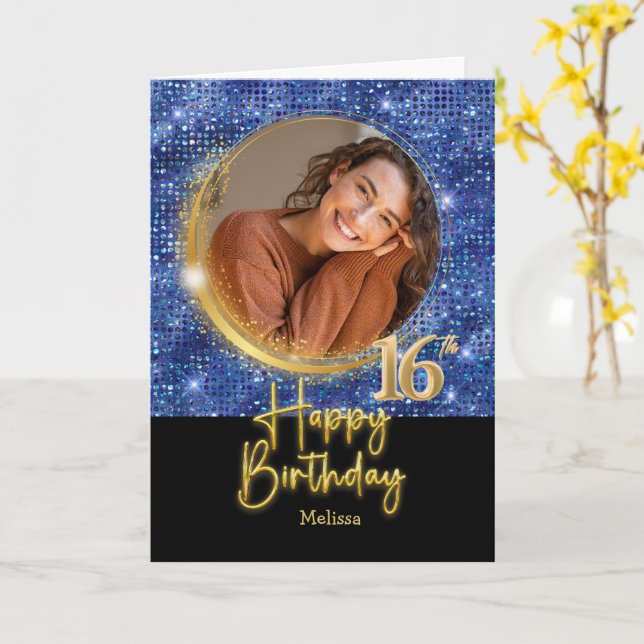 Modern Blue & Gold Script Photo Name 16th Birthday Karte (Gelbe Blume)