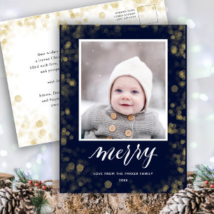 Modern Blue Gold Snowflakes Bokeh Minimalistisches Feiertagspostkarte
