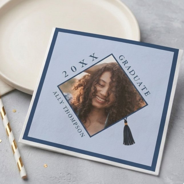 Modern Blue Graduation Cap Photo Serviette (Modern Blue Graduation Cap Photo Napkins)