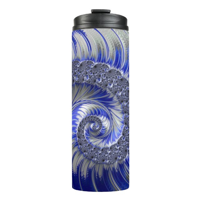 Modern Blue Gray White Spiral Fraktal Thermosbecher (Vorderseite)