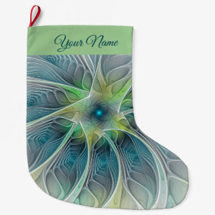 Modern Blue Green Fraktal Fantasy Blume Name Großer Weihnachtsstrumpf