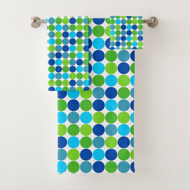 Modern Blue Green Polka-Dot-Muster Badhandtuch Set (Insitu)