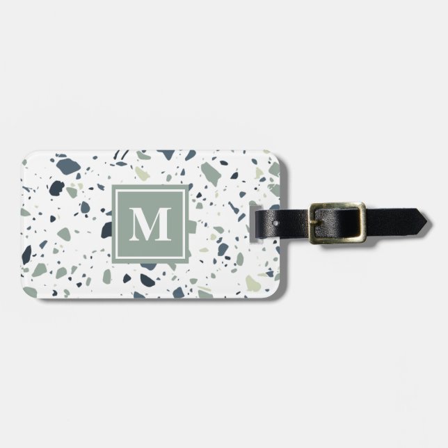 Modern Blue Green Terrazzo Marmormonogramm Gepäckanhänger (Vorderseite horizontal)