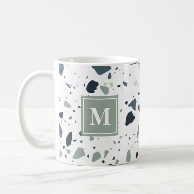 Modern Blue Green Terrazzo Marmormonogramm Kaffeetasse (Links)