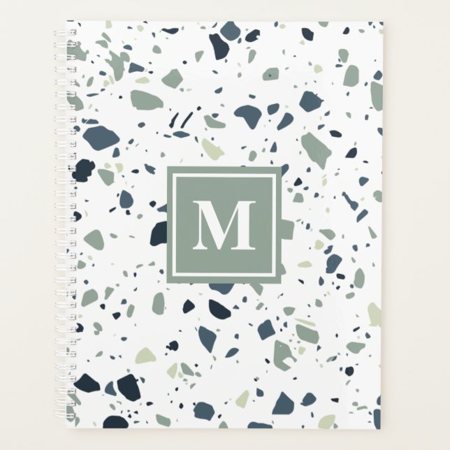 Modern Blue Green Terrazzo Marmormonogramm Planer (Vorderseite)