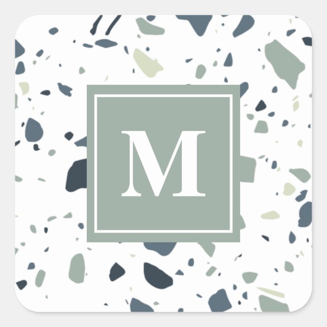 Modern Blue Green Terrazzo Marmormonogramm Quadratischer Aufkleber (Vorderseite)