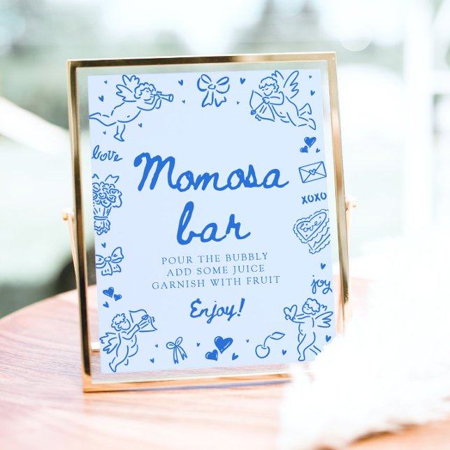 Modern Blue Hand Drawn Baby Shower Momosa Bar Sign Poster (Modern Blue Hand Drawn Baby Shower Momosa Bar Sign)