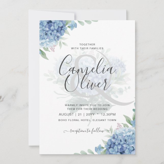 Modern Blue Hydrangea Bloral Wedding Einladung (Vorderseite)