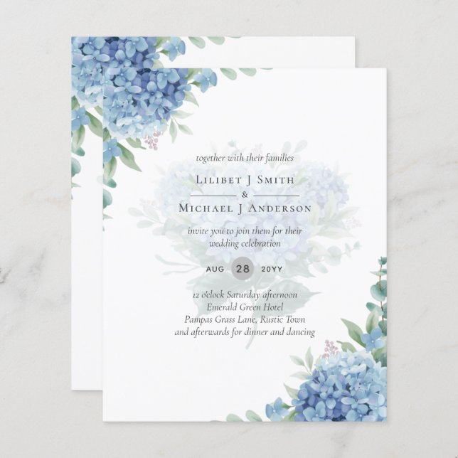 Modern Blue Hydrangea Bloral Wedding Einladung (Vorne/Hinten)