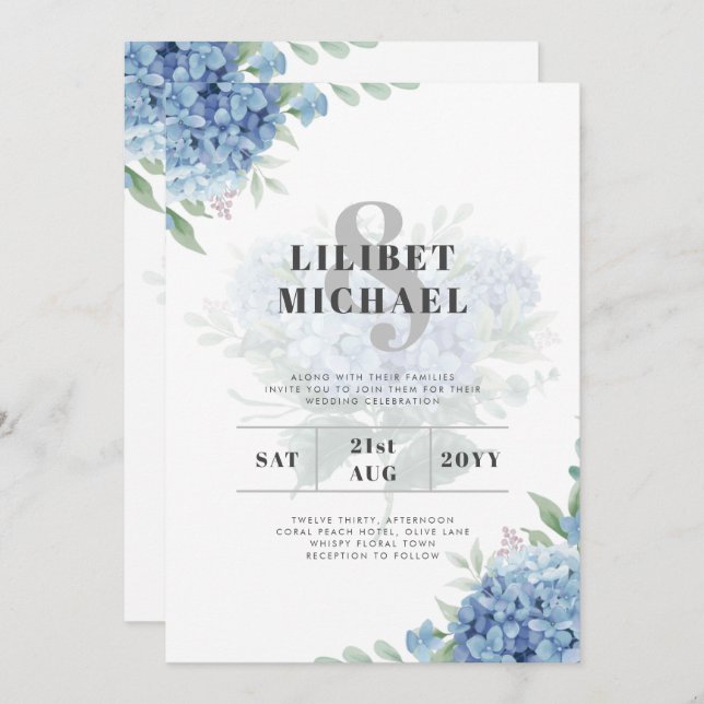 Modern Blue Hydrangea Bloral Wedding Einladung (Vorne/Hinten)