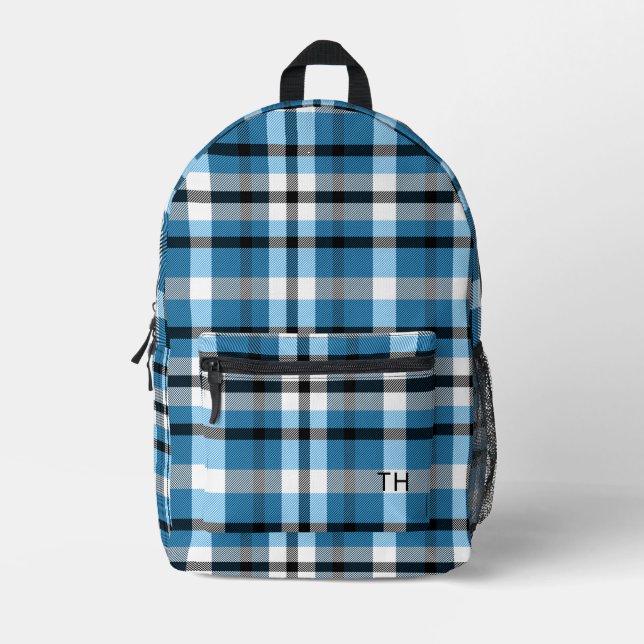 Modern Blue Kariert Monogram Initials Bedruckter Rucksack (Vorderseite)