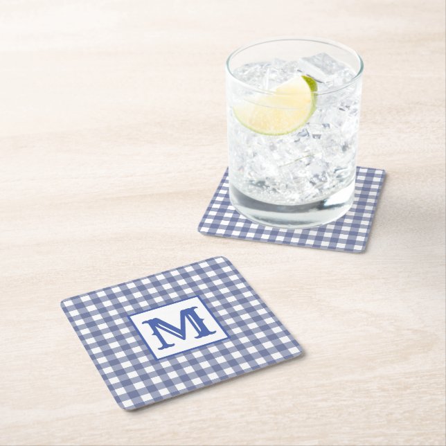 Modern Blue Kariert Monogram Rechteckiger Pappuntersetzer (Vor Ort)