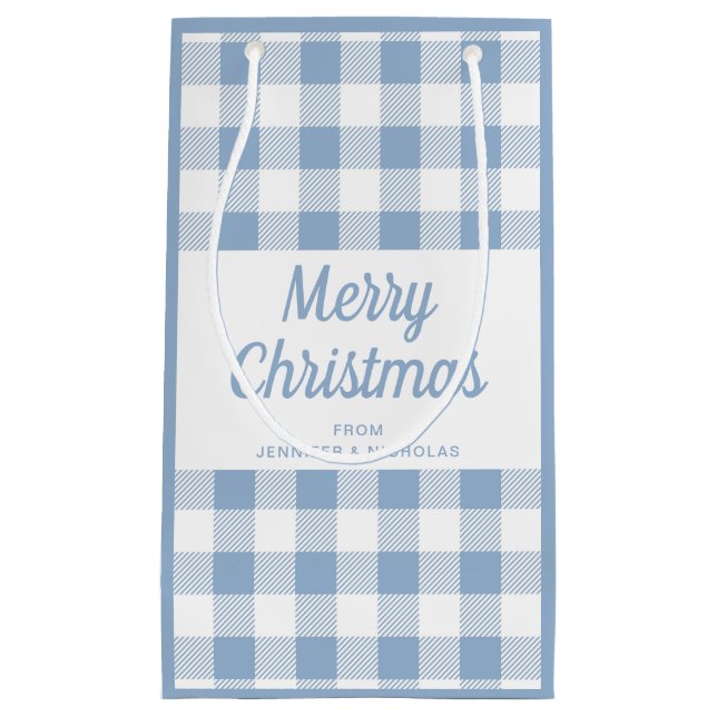 Modern Blue Kariert Script Frohe Weihnachten Kleine Geschenktüte (Vorderseite)