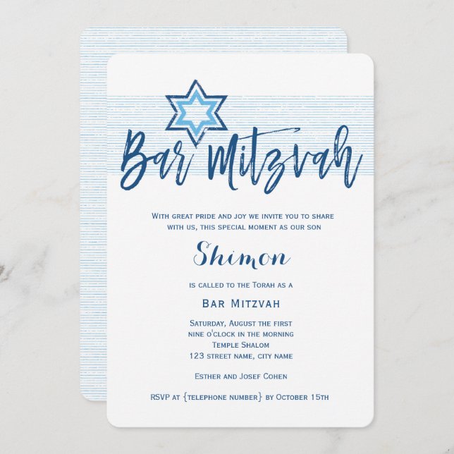 Modern Blue Kneipe Mitzvah Invitation Einladung (Vorne/Hinten)