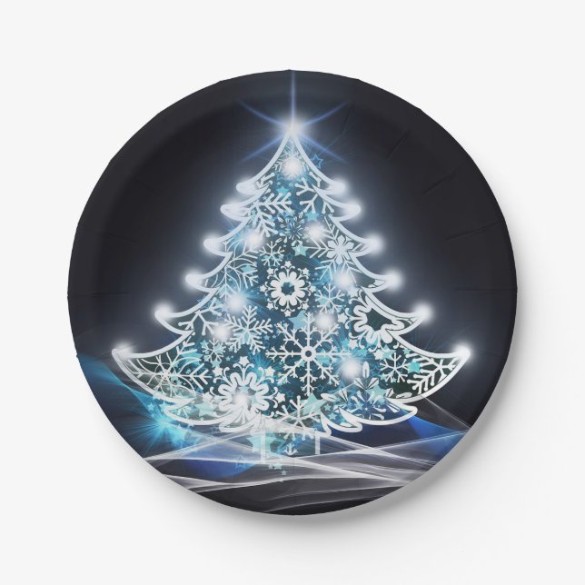 Modern Blue Lighted Christmas Tree Graphic Pappteller (Vorderseite)
