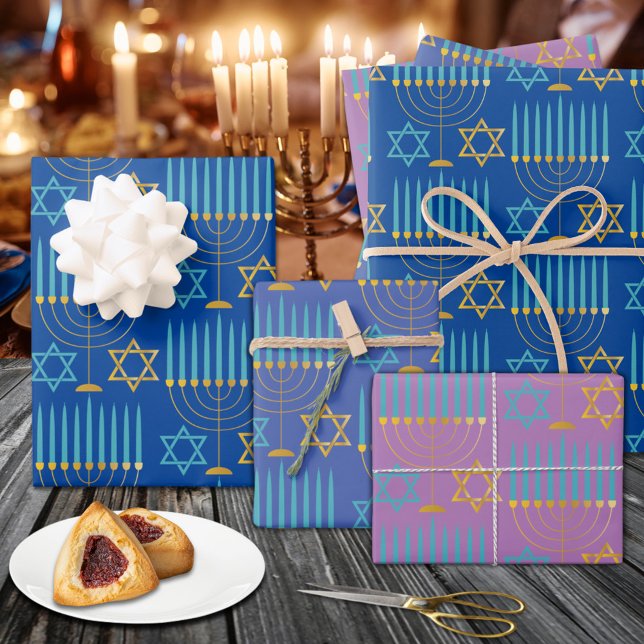 Modern Blue Lila Gold Hanukkah Menorahs & Stars Geschenkpapier Set (Modern Blue Purple Gold Hanukkah Menorahs & Stars Wrapping Paper Sheets)