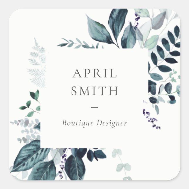 Modern Blue Lila Leafy Tropical Foliage Fern Quadratischer Aufkleber (Vorderseite)