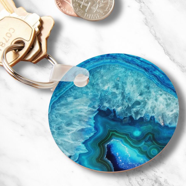 Modern Blue Marble Agate Schlüsselanhänger (Cute Trendy Blue Turquoise Crystal Agate Geode Keychain)