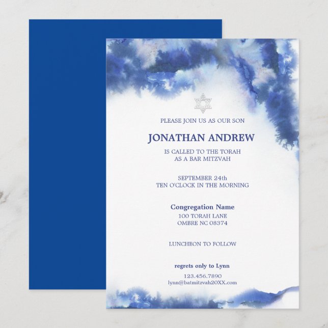 Modern Blue Marbour Ocean Ombre Bar Mitzvah Einladung (Vorne/Hinten)