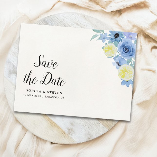 Modern Blue Mediterranean Lemon Wedding Postkarte (Von Creator hochgeladen)